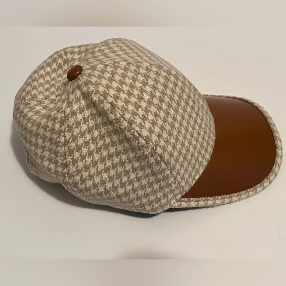 Houndstooth Baseball Cap, PU Leather Brim
